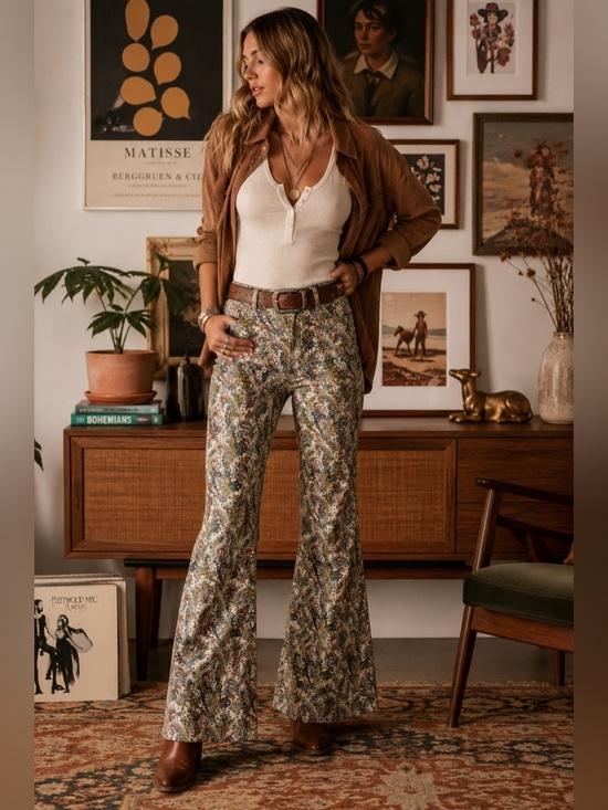 Pants - Free People Aster Jacquard Flare Trouser Pants Paisley Boho Tapestry Size 14